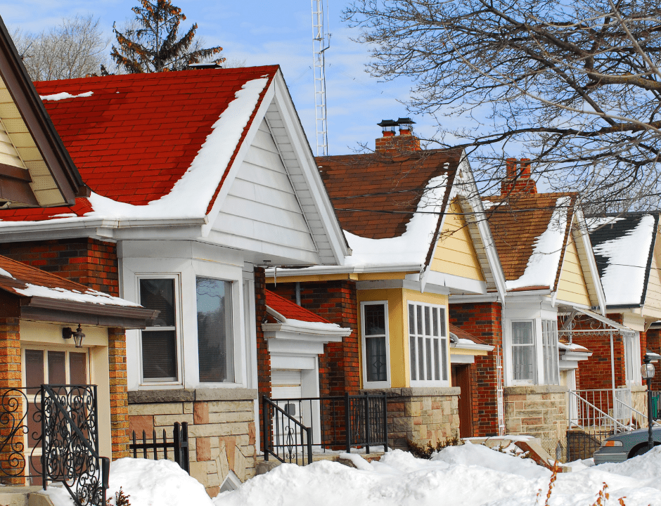 an Ottawa neighbourhood in winter with snow on the newly installed roofs