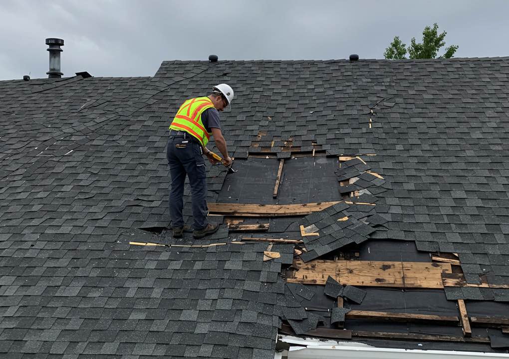 roof damage being inspected after an Ottawa summer storm
