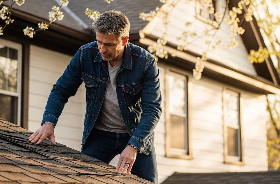 a homeowner performing a seasonal inspection on his roof
