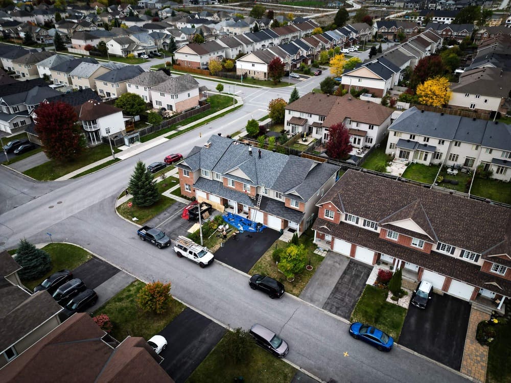 arial view of Vanity Roofing completing a residential roof replacement in Ottawa