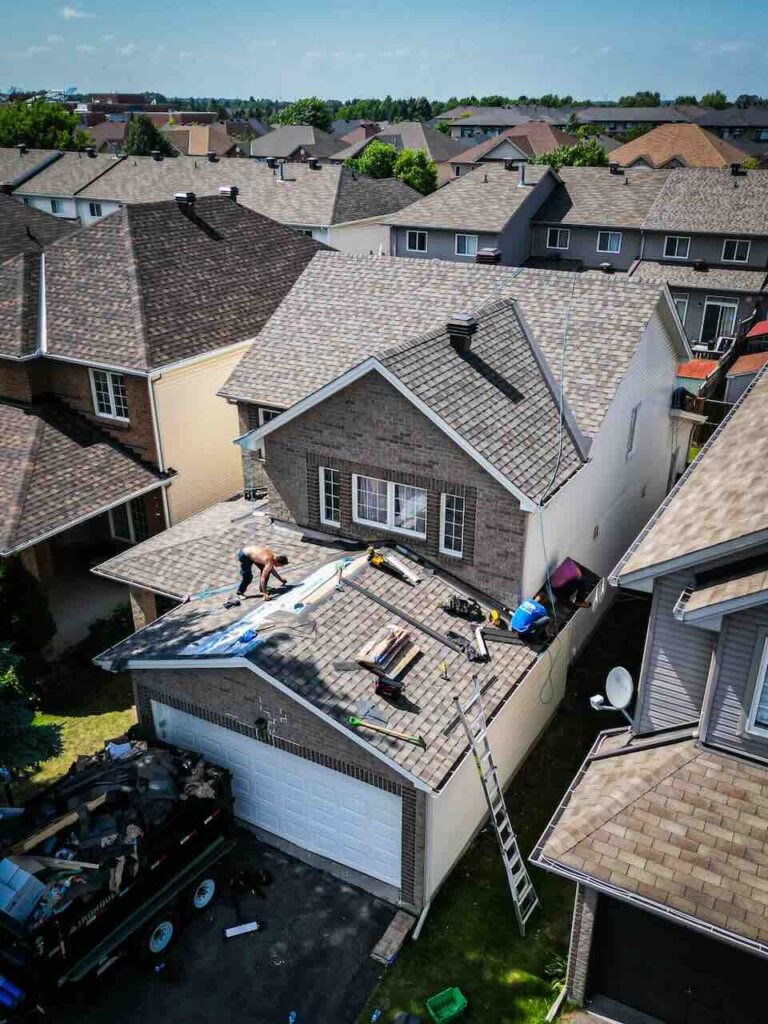 Arial view of residential house in Ottawa having roof replaced by Vanity Roofing